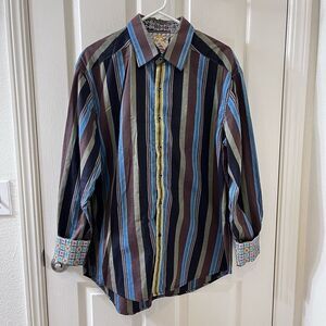 Robert Graham Striped Button Down Shirt Cotton Silk Trim Flip Cuff Men's Size XL